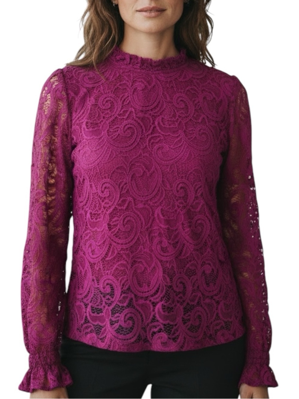 NWT ADRIANNA PAPEL Fuchsia Long Sleeve Ruffle Neck Lace Lined Blouse Size XLarge